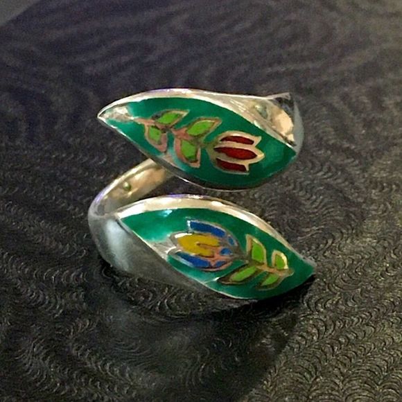 VINTAGE Sterling Silver Floral Inlay Bypass Ring Sz 6 - Picture 2 of 7